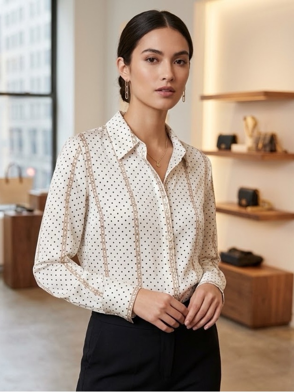 Ann Taylor chain and polka dot print satin button down blouse size XL